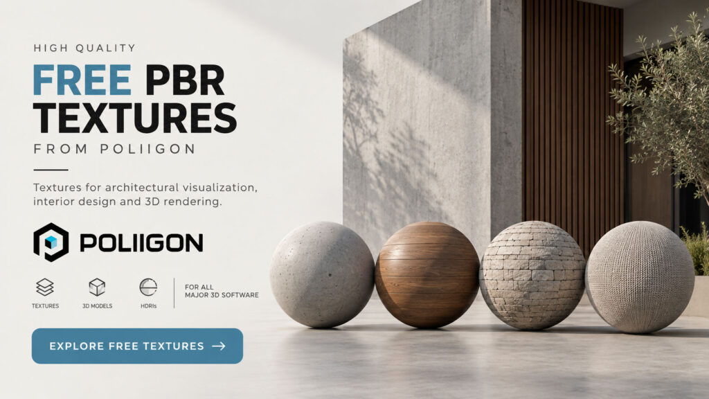 Free PBR textures from Poliigon for architectural visualization, 3ds Max, Corona Renderer and V-Ray