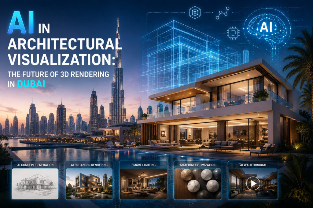 AI architectural visualization with Dubai skyline and luxury villa rendering.