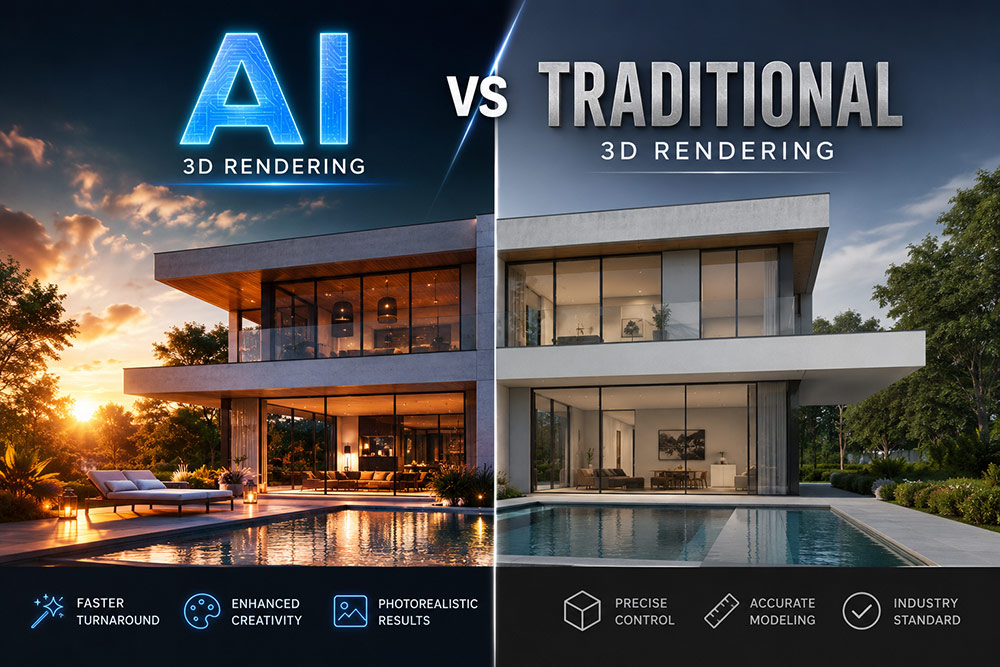 Split-screen image comparing AI and traditional 3D rendering of a modern luxury house.