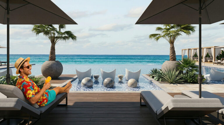 Luxury beachfront resort pool rendering in Dubai