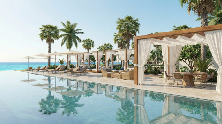 Luxury beach resort pool rendering in Dubai