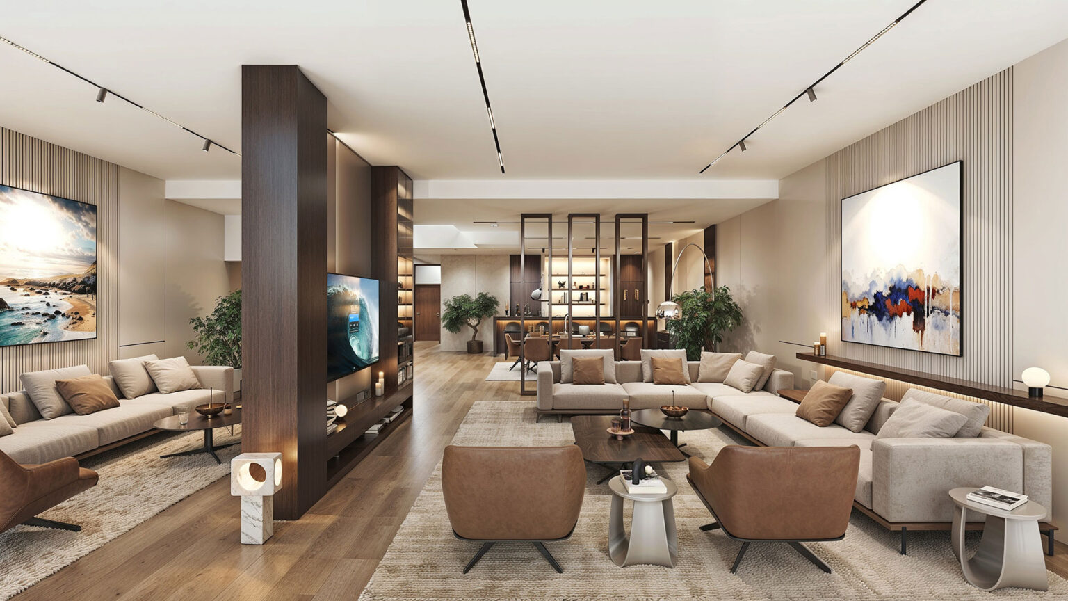 Modern luxury living room interior rendering for residential villa in UAE