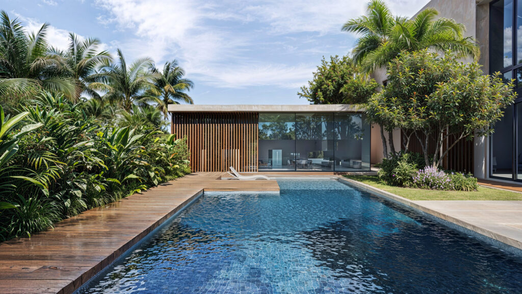Villa pool rendering in Abu Dhabi with luxury outdoor swimming pool, landscape design, terrace seating, and realistic architectural visualization