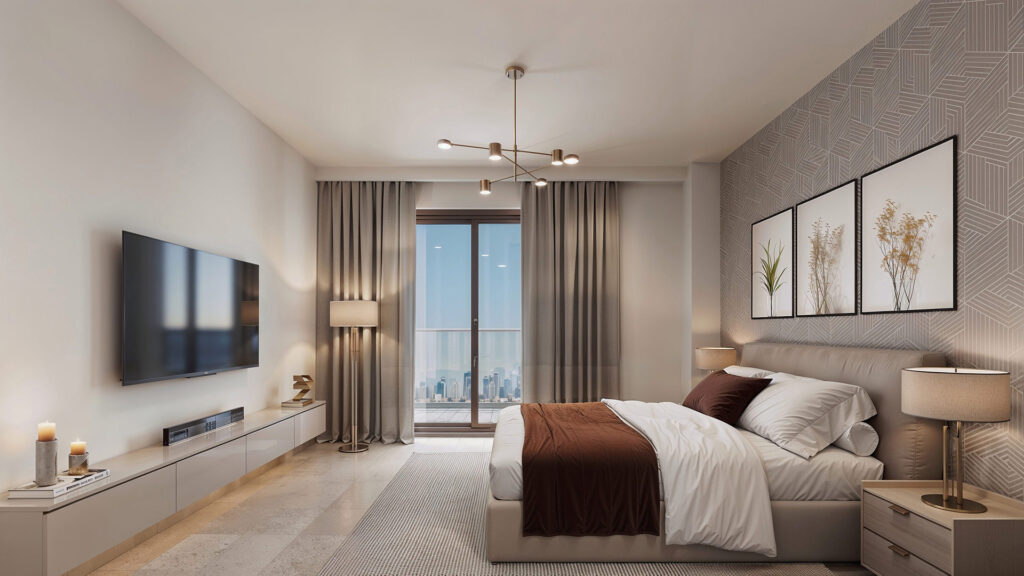 Modern master bedroom interior rendering for luxury apartment in Abu Dhabi