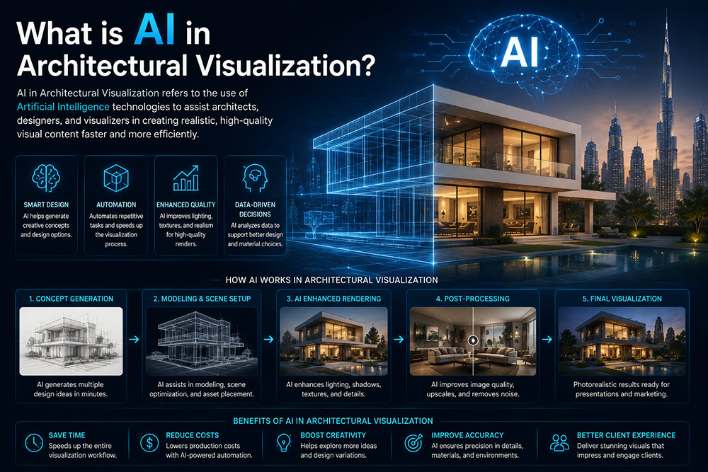 AI in architectural visualization infographic showing smart 3D rendering, AI-powered design workflow, and futuristic villa rendering in Dubai