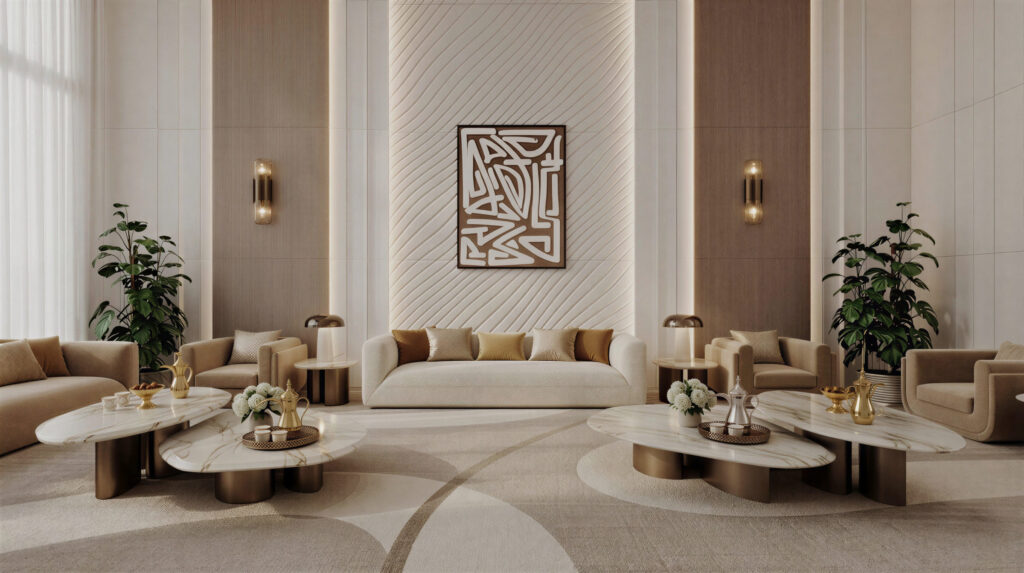 Luxury villa majlis interior rendering in Mizher Dubai with marble flooring, cream sofas, wall panels, and warm lighting