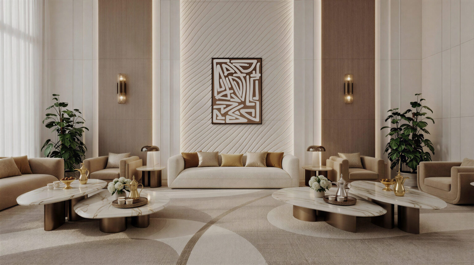 Luxury villa majlis interior rendering in Mizher Dubai with marble flooring, cream sofas, wall panels, and warm lighting