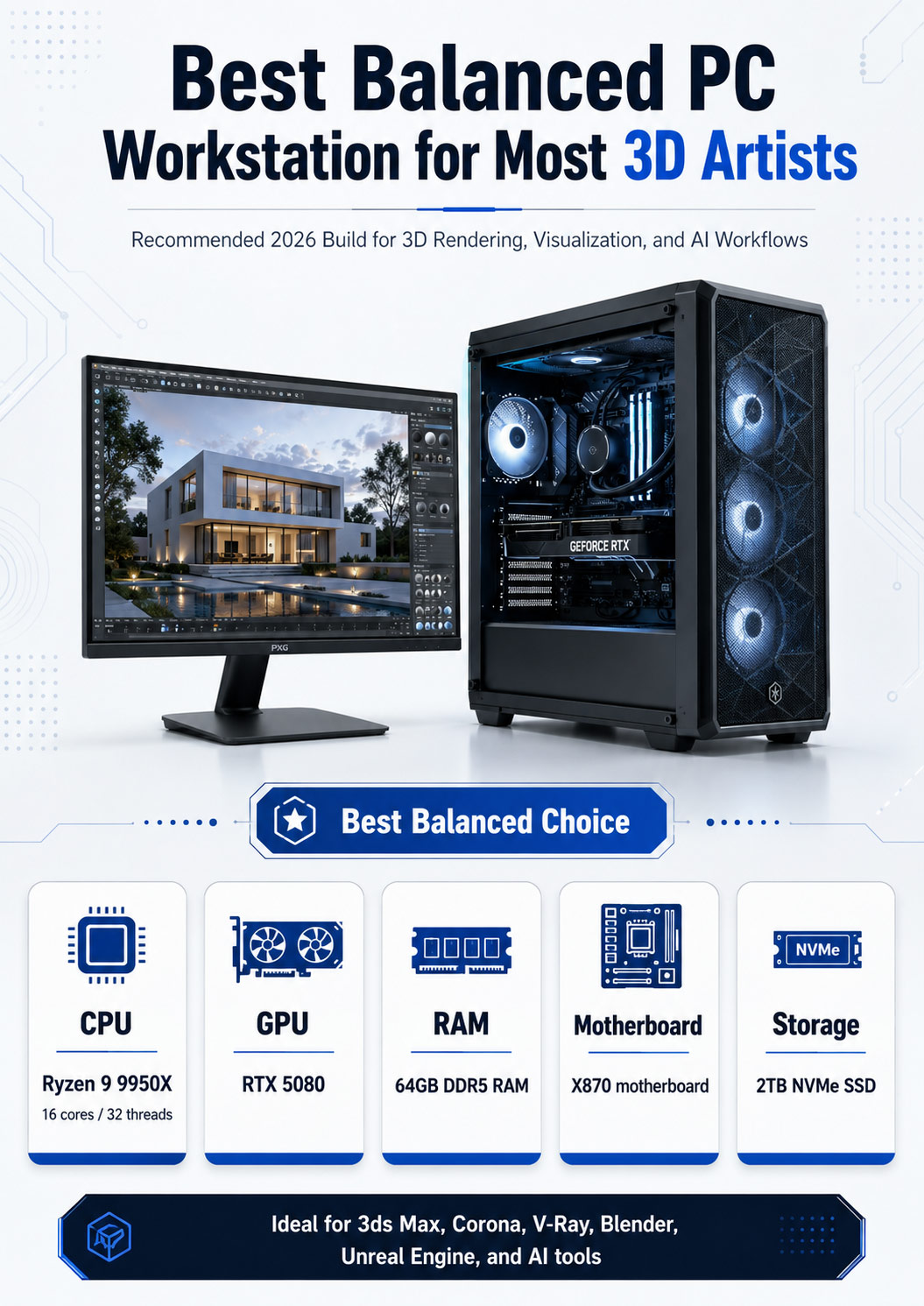 Best balanced PC workstation for most 3D artists with Ryzen 9 9950X, RTX 5080, 64GB RAM, X870 motherboard, and 2TB NVMe SSD