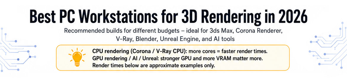 Best PC workstation for 3D rendering in 2026 with powerful GPU, rendering monitor, and budget categories