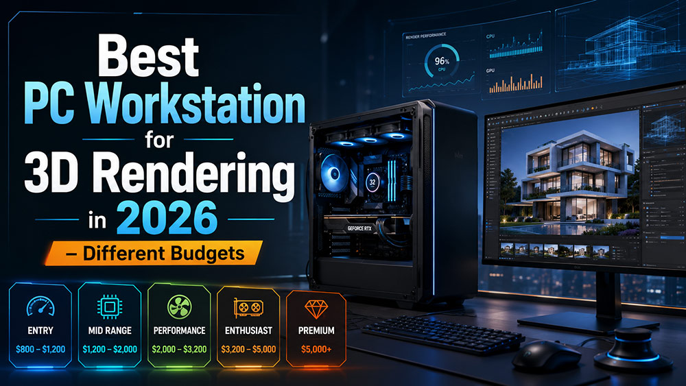 Best PC workstation for 3D rendering in 2026 with high-end rendering PC, monitor, and different budget tiers