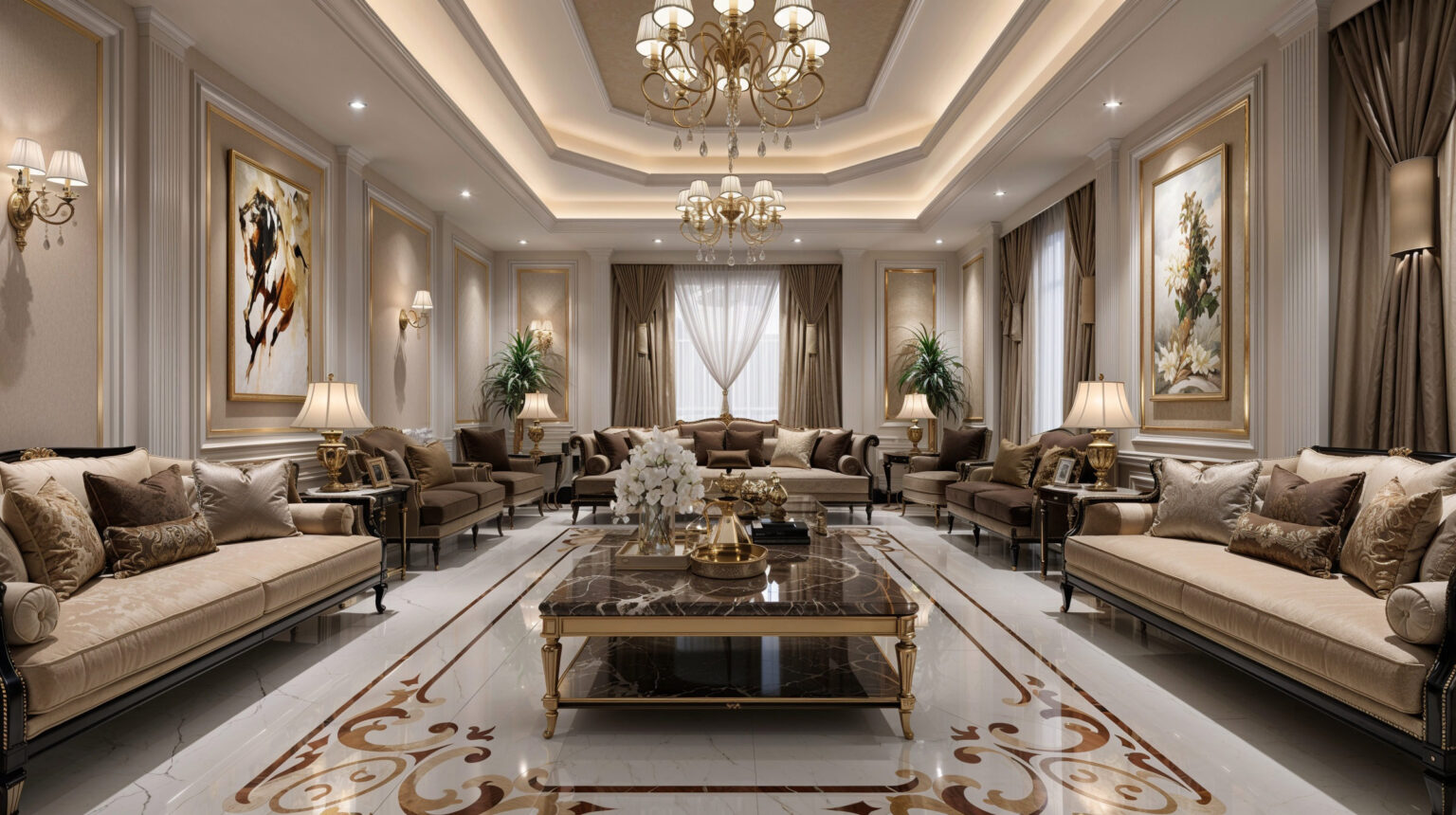 Luxury majlis interior rendering in Saudi Arabia featuring premium furniture, marble flooring, and elegant chandeliers.