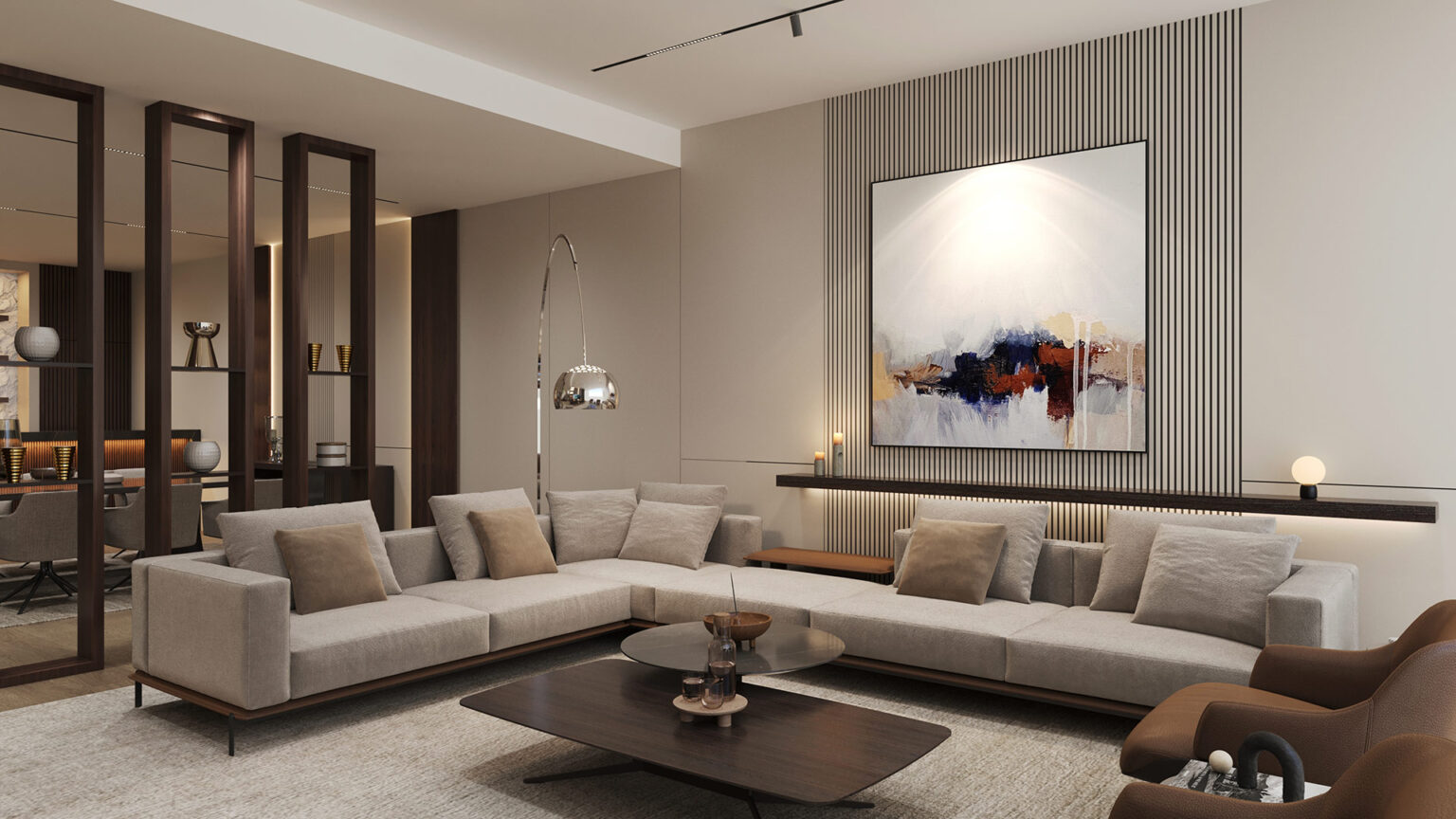 Contemporary luxury living room with beige sectional sofas, wood accents, ambient lighting, and modern abstract artwork.