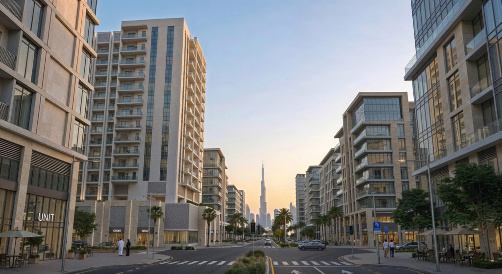 Modern residential building rendering in Dubai with streets, palm trees, balconies, and city skyline