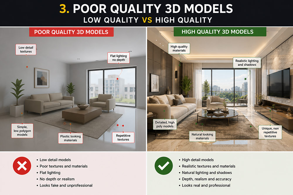 Poor quality vs high quality 3D models in architectural interior rendering