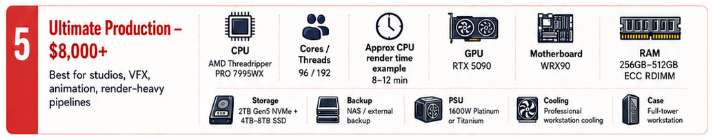 Powerful 3D rendering workstation setup with desktop PC, RTX GPU, architecture render, and budget tiers
