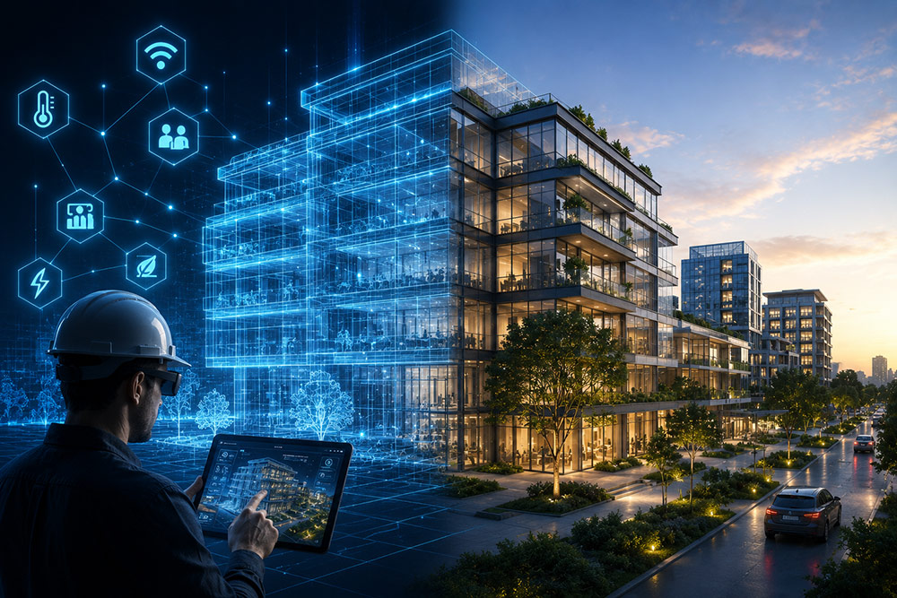 Real-time digital twin visualization of a modern building with interactive 3D data model