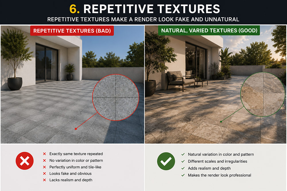 Repetitive vs varied textures in architectural rendering