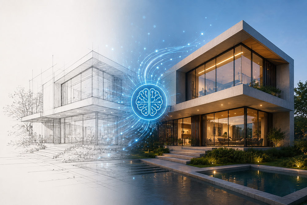 AI transforming architectural rendering from sketch to photorealistic visualization.