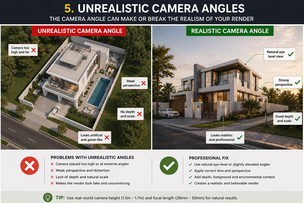 Unrealistic vs realistic camera angles in architectural rendering
