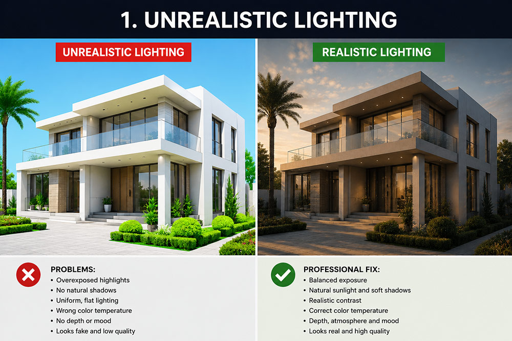Unrealistic vs realistic lighting comparison in architectural rendering