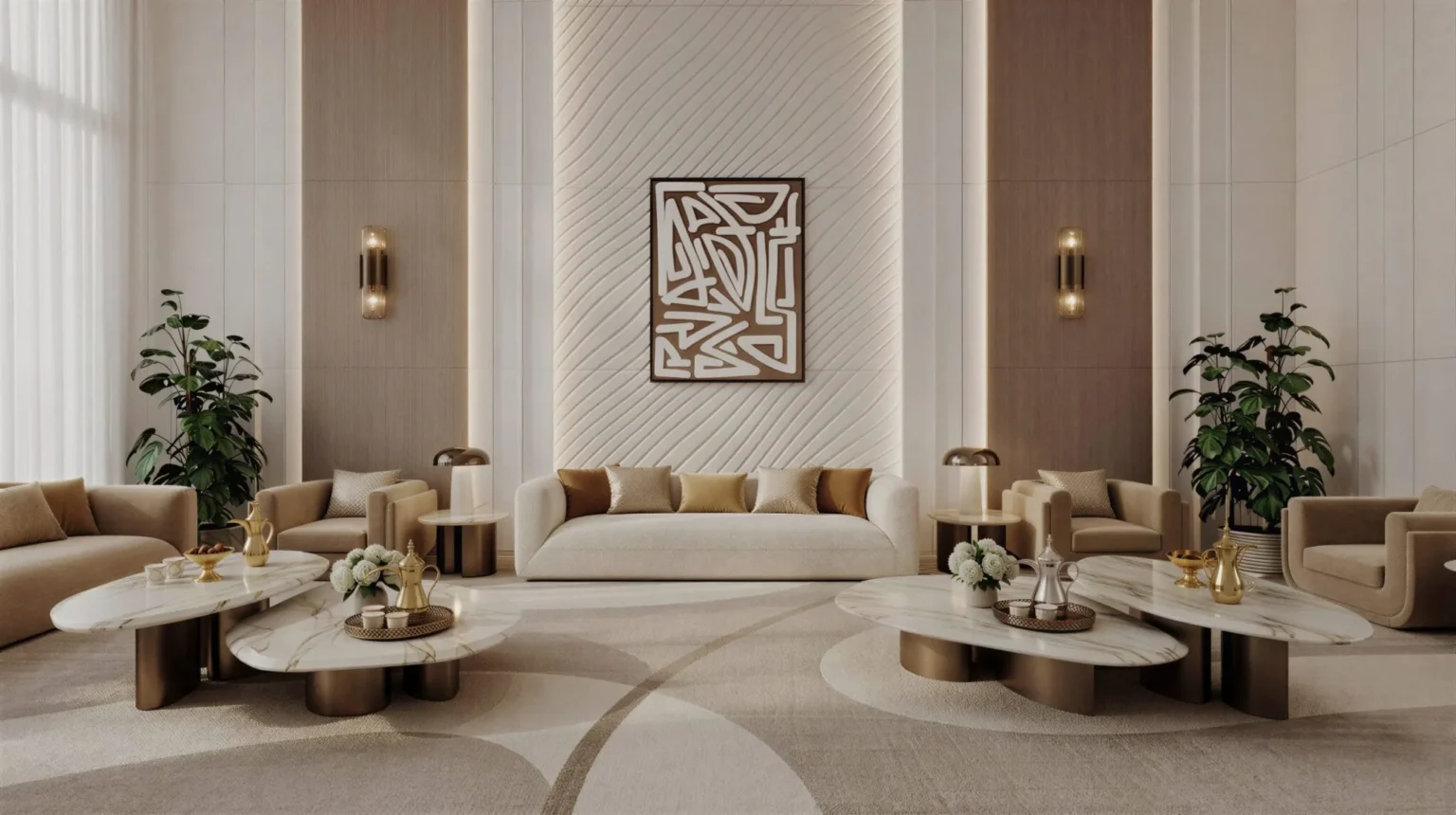 Luxury villa majlis interior rendering in Mizher Dubai with marble flooring, cream sofas, wall panels, and warm lighting