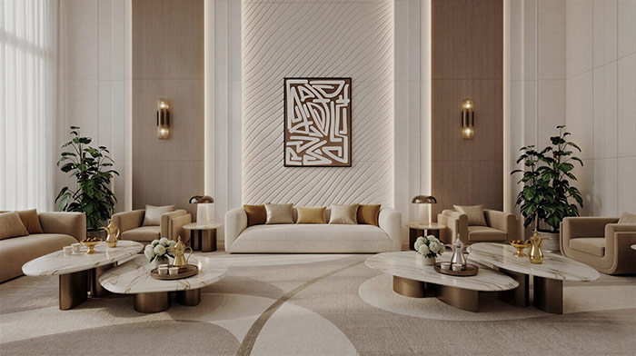 Luxury villa majlis interior rendering in Mizher Dubai with marble flooring, cream sofas, wall panels, and warm lighting