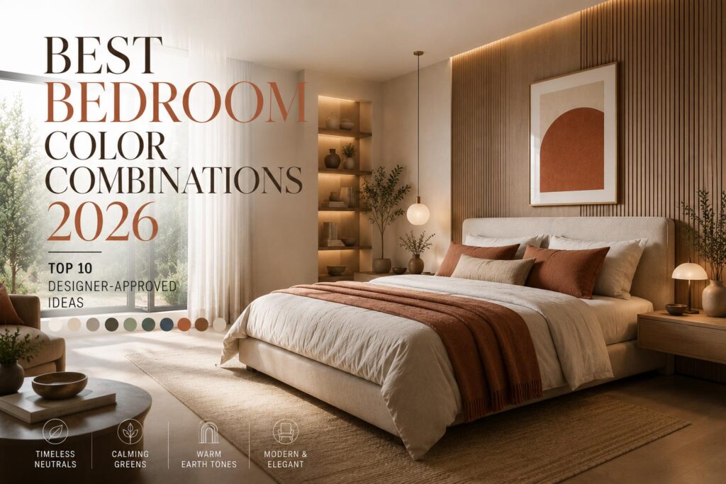Magazine-style cover featuring a modern minimalist bedroom with warm neutral colors, terracotta accents, and elegant designer-inspired interior styling.