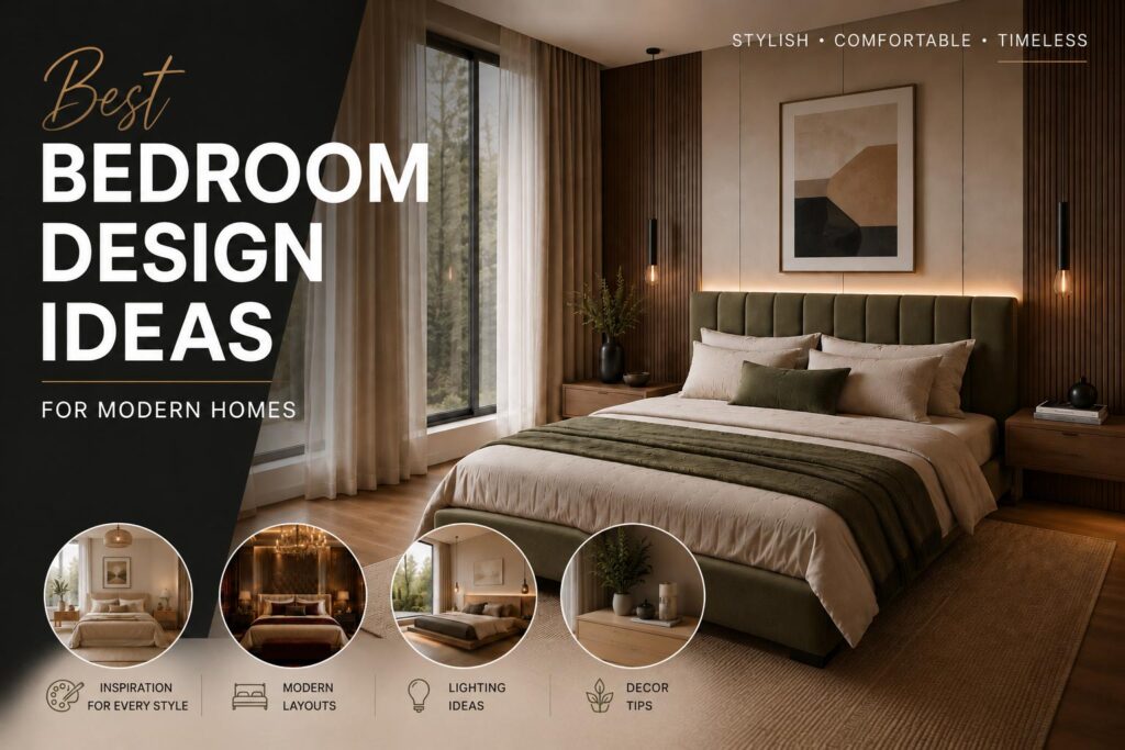 Luxury modern bedroom magazine-style cover featuring a contemporary bedroom with olive green accents, elegant typography, and an editorial layout promoting bedroom design ideas.