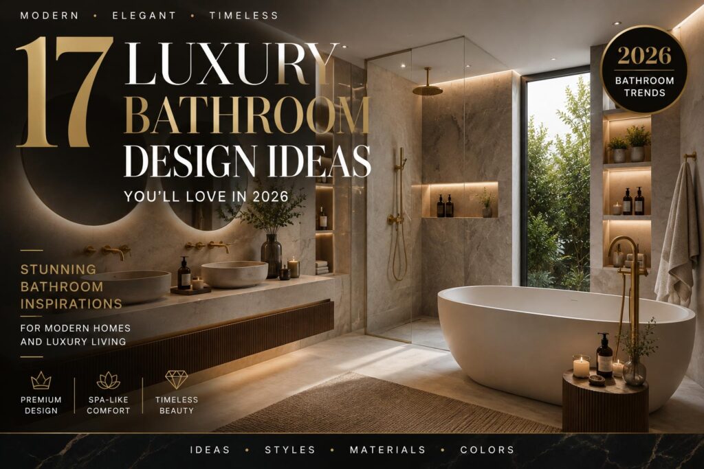 Luxury bathroom design ideas magazine cover featuring a modern spa bathroom with a freestanding bathtub, floating double vanity, brass fixtures, and warm ambient lighting.