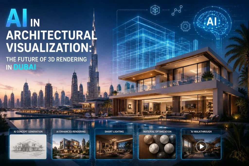 AI architectural visualization with Dubai skyline and luxury villa rendering.