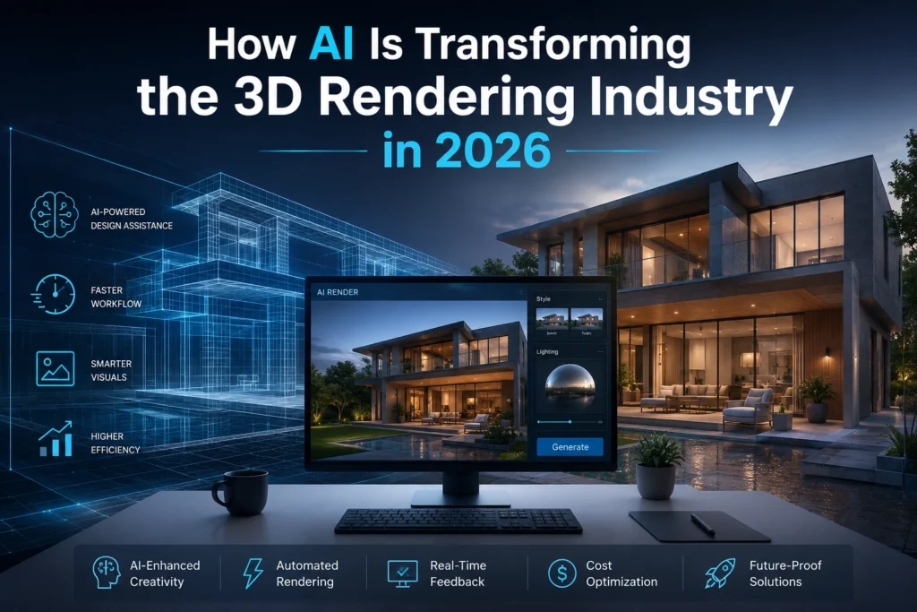 3D artist working on an architectural interior render with AI-assisted tools in a modern design studio.